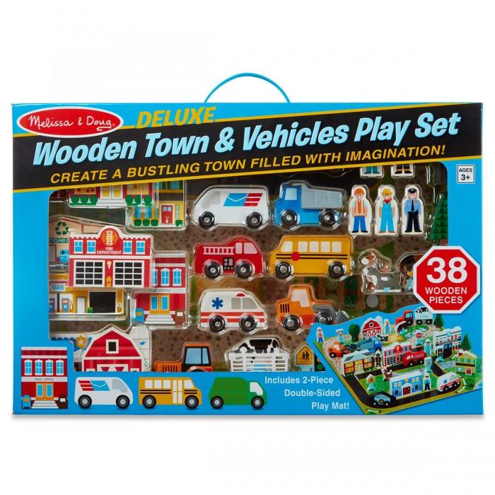 Set de joaca Orase  cu masinute si cladiri din lemn Deluxe Wooden Town Vehicle Play Set 38 Pieces Melisa and Doug 